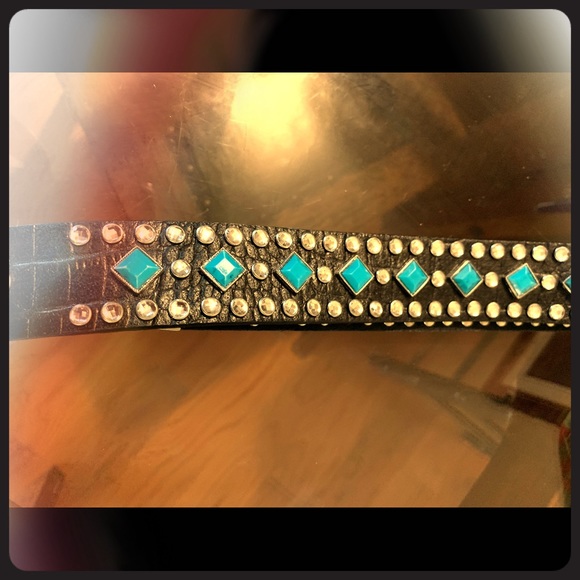SOLD Belt Brown Leather Rhinestone Turquoise - Picture 2 of 4
